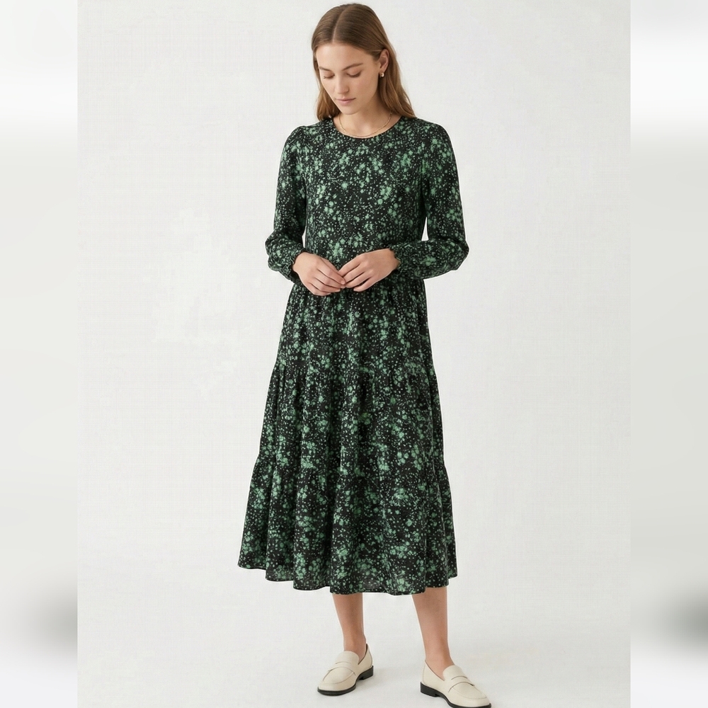 Zara Green and Black Long Sleeve Floral Tiered Midi Dress